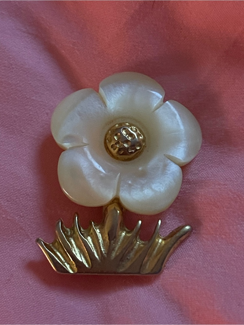 Pearl White Flower Brooch with Gold Stem